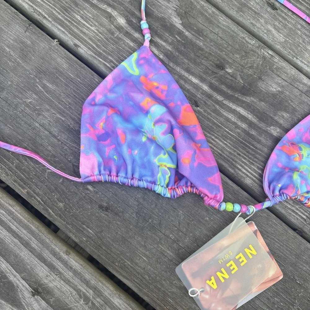 NWT Neena Triangle Bikini String Top Large Batch A Purple Print